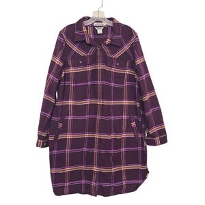 Duluth Trading XL Purple Plaid Folklore Flannel Duster Chore Jacket Longline